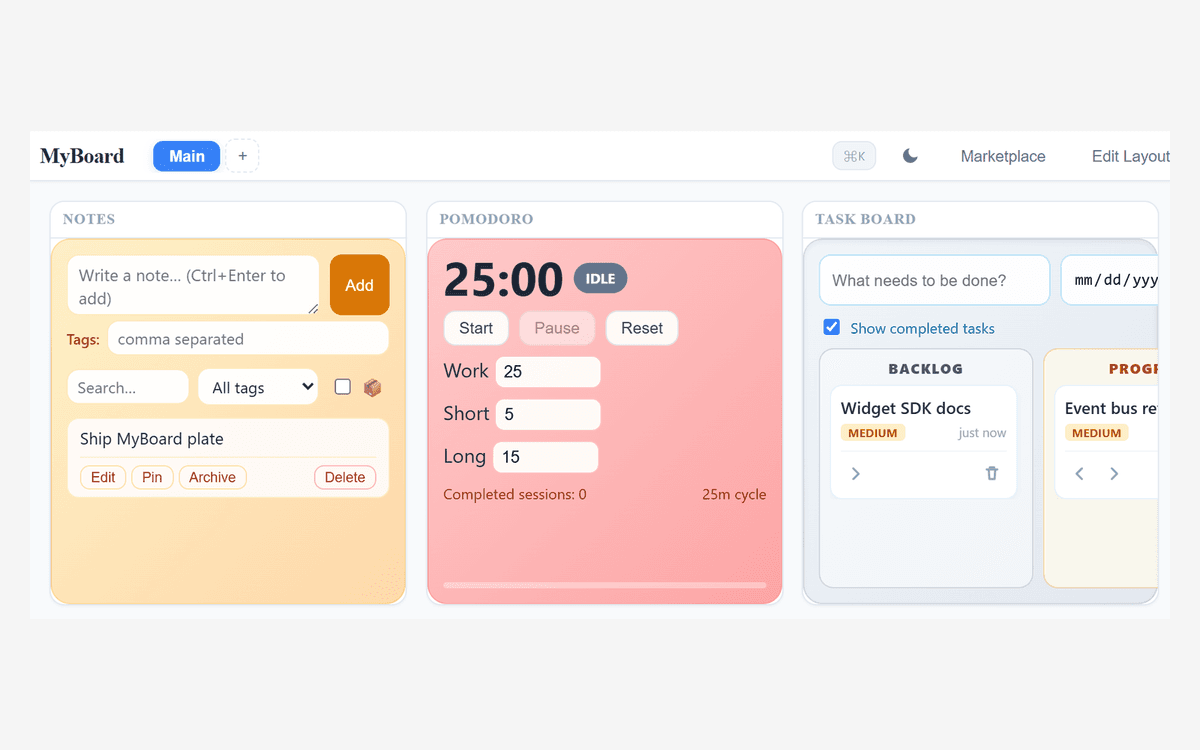 MyBoard modular dashboard shell with widget SDK.